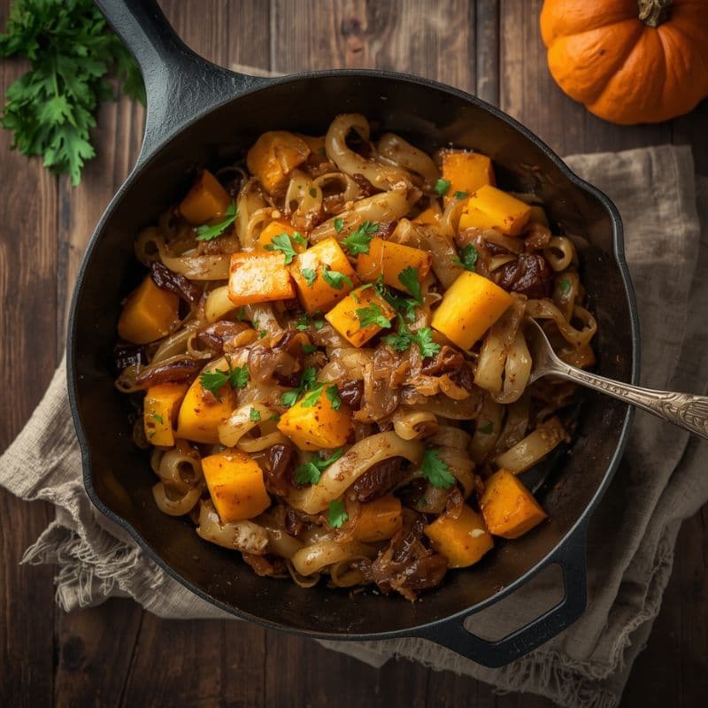 Rustikale Kürbis-Schupfnudel-Pfanne mit Hokkaido-Kürbis, karamellisierten Zwiebeln und frischer Petersilie in einer gusseisernen Pfanne – herbstliches Familienrezept