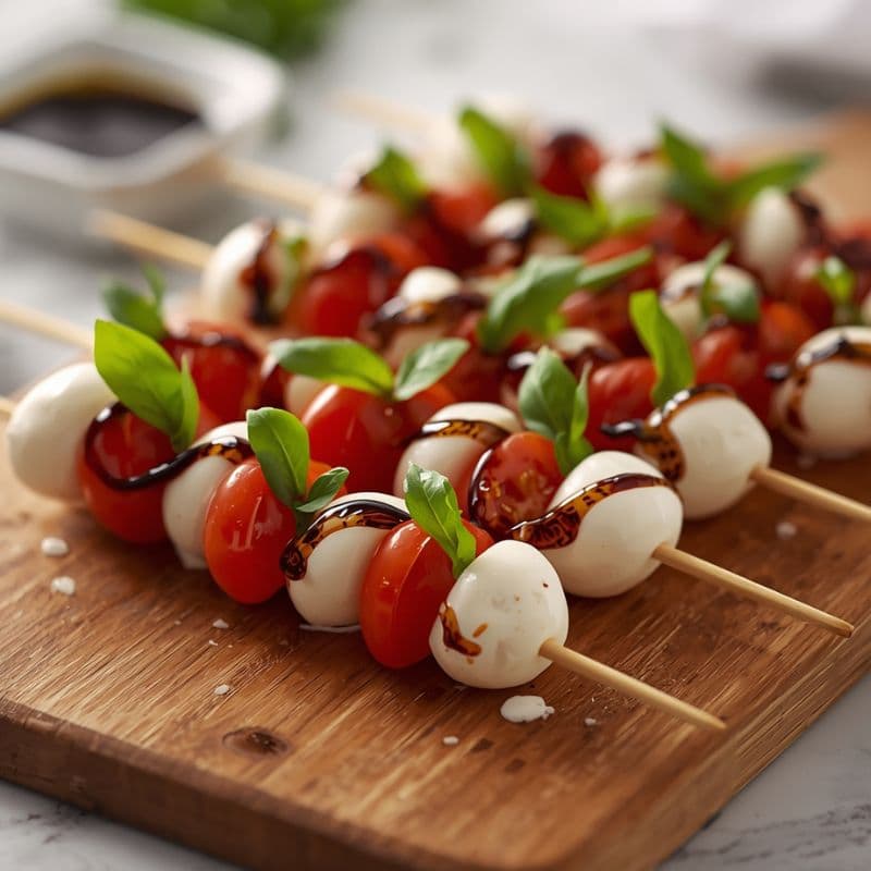 Auf dem Bild siehst du Tomaten-Mozzarella-Spieße auf einem Holzbrett, mit frischem Basilikum und Balsamico, als schnelles Fingerfood für Silvester.