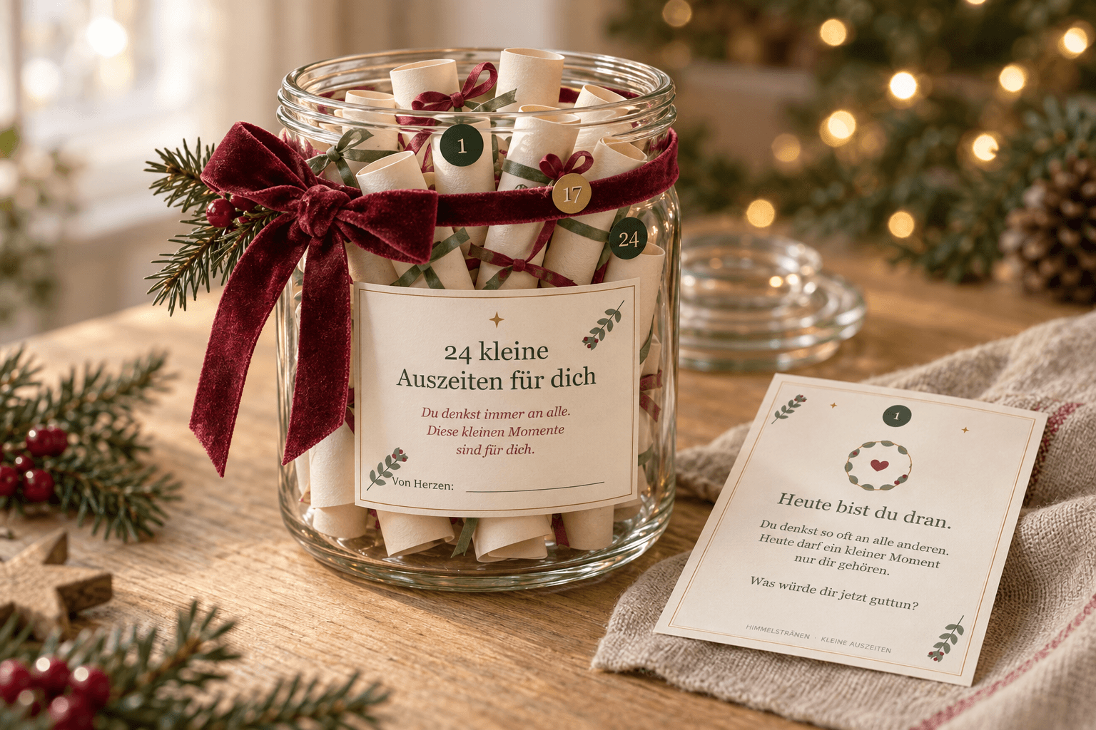Adventsglas mit gerollten Karten, beerenroter Samtschleife und dem Etikett 24 kleine Auszeiten für dich. KI-generierte Verpackungsidee.