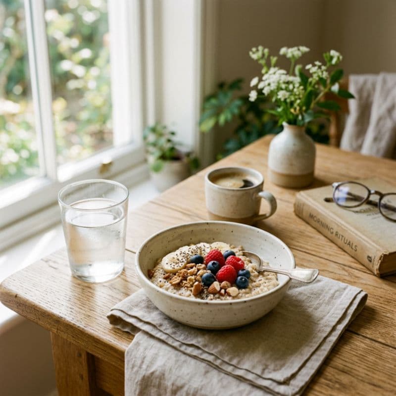Frühstück mit Haferflocken und einem Wasserglas auf einem hellen Tisch.