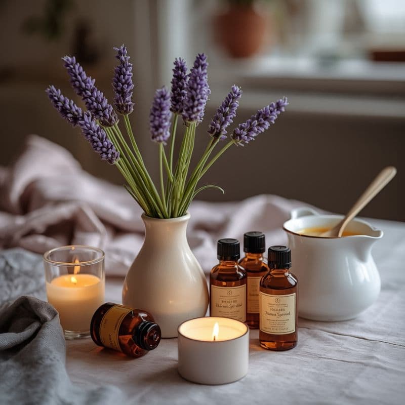 Lavendelblüten in Vase, brennende Kerzen und Fläschchen mit ätherischen Ölen – natürliche Abendroutine zur Entspannung mit Ashwagandha und Lavendel bei Schlafproblemen in den Wechseljahren.