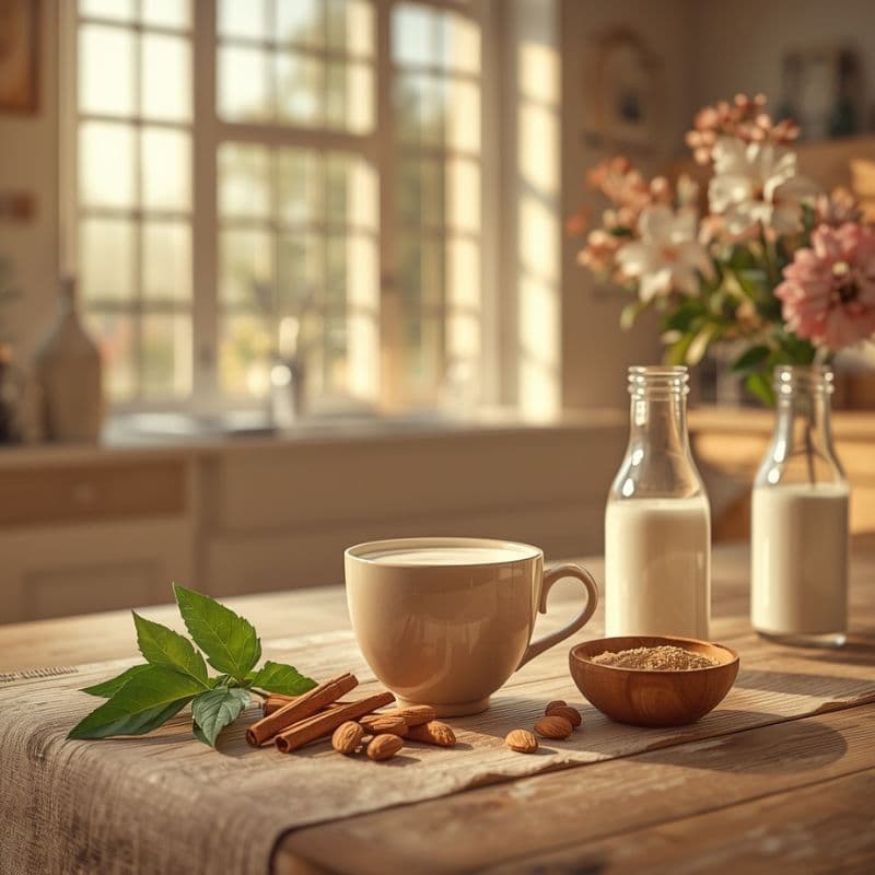 Tasse Moon Milk auf einem Holztisch in einer sonnendurchfluteten Landhausküche, daneben Ashwagandha-Blätter, Zimtstangen und Mandelmilch – natürliche Hilfe bei Schlafproblemen in den Wechseljahren.
