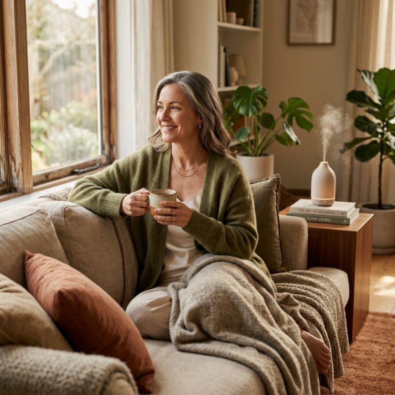 Eine Frau sitzt mit einer Tasse auf dem Sofa, im Hintergrund steht ein Diffuser