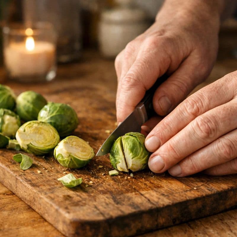Detailaufnahme von Rosenkohl auf einem rustikalen Holzbrett in warmer Küchenatmosphäre.