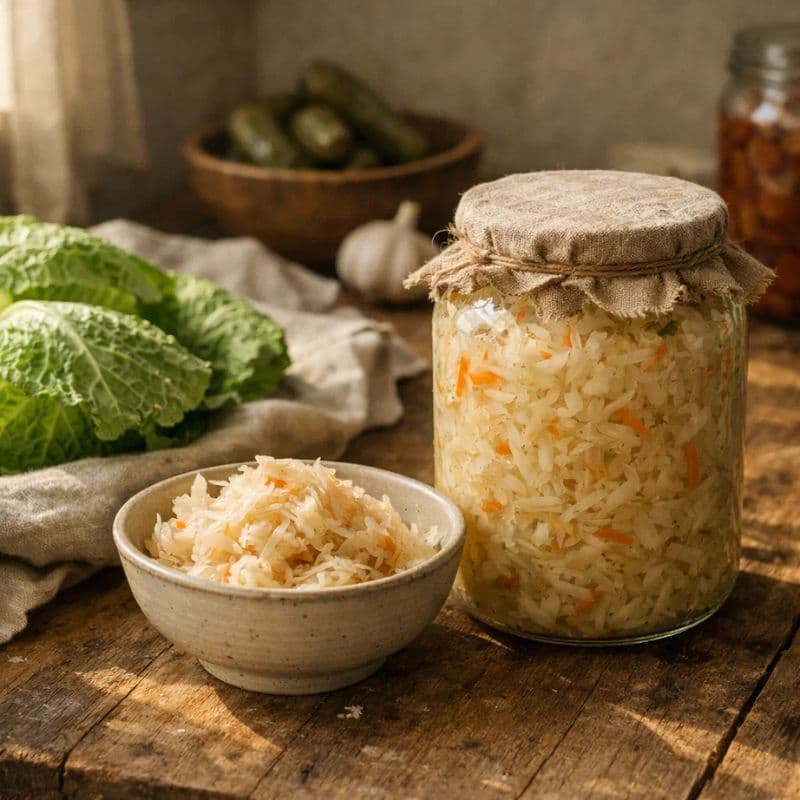 Ein Glas mit Sauerkraut steht auf einem rustikalen Holztisch neben einer kleinen Schale.