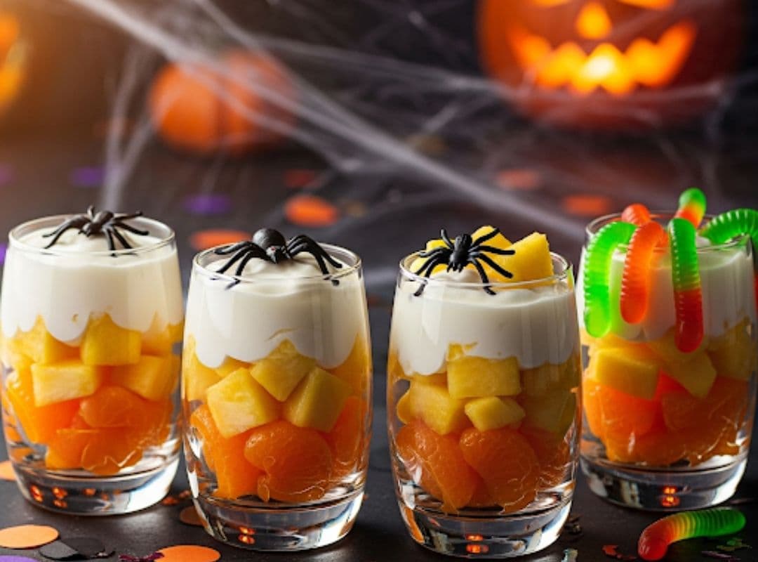 Auf diesem Bild siehst du Candy-Corn-Fruchtbecher mit Schichten aus Mandarinen, Ananas und Joghurt, dekoriert mit Gummiwürmern und Spinnen. Eine gesunde, kreative und bunte Halloween-Snackidee für Kinder.