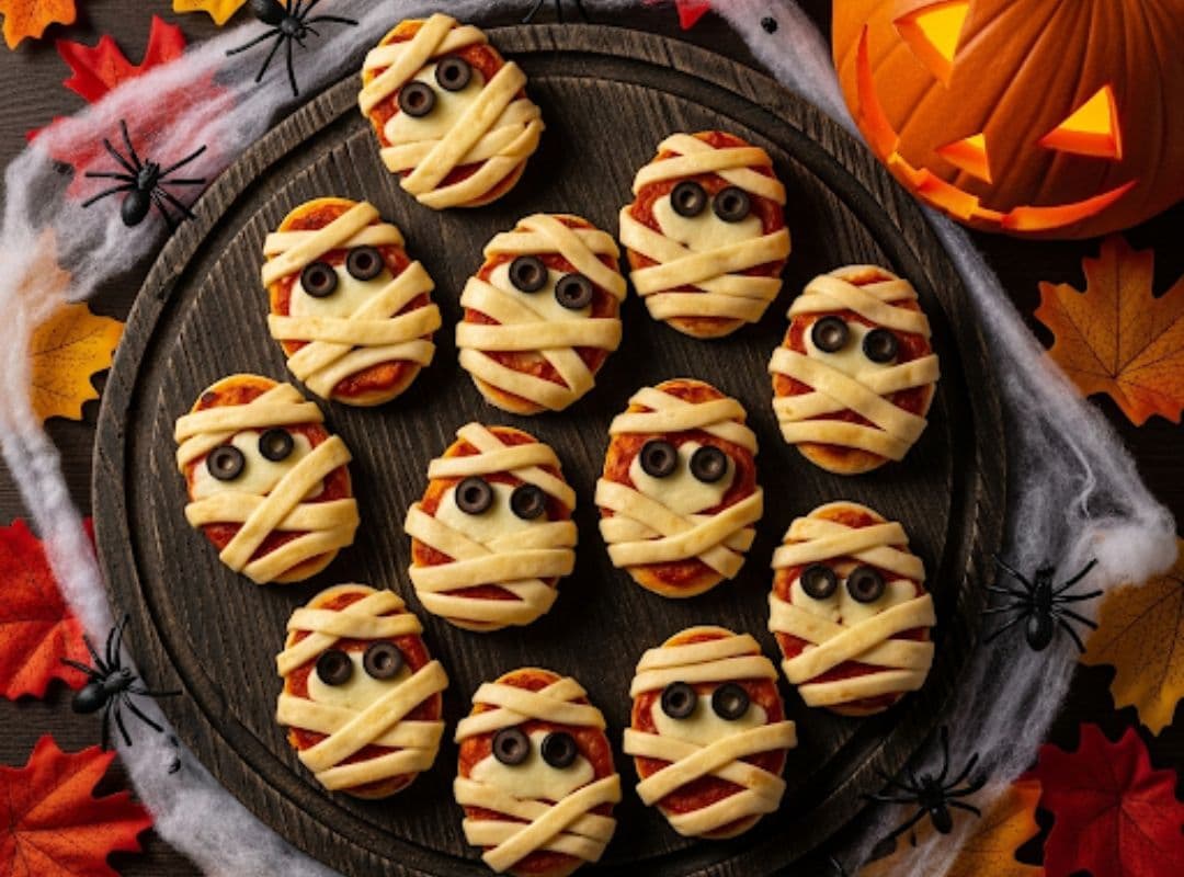 Auf diesem Bild siehst du gruselige Halloween Mummy-Snacks aus Teig und Oliven, die kinderfreundlich, kreativ und perfekt für eine gesunde Halloween-Party geeignet sind.