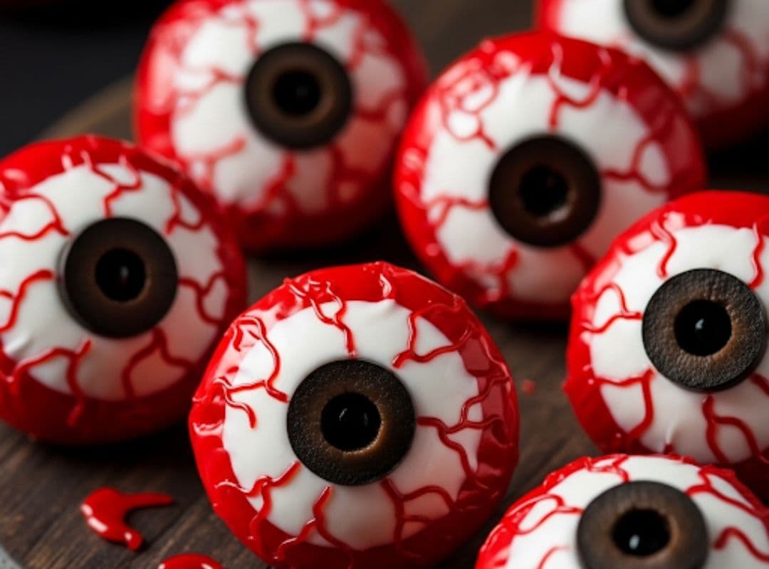 Auf diesem Bild siehst du gruselige Halloween Snacks in Form von essbaren Augen. Die roten „Augäpfel“ bestehen aus Käse, Oliven und Lebensmittelfarbe – eine kreative, kinderfreundliche und kreative Snackidee für Halloween.