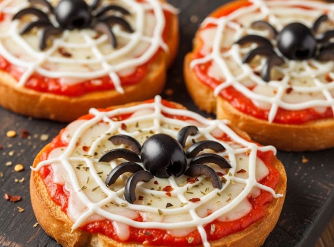 Auf diesem Bild siehst du Halloween Mini-Pizzen mit Spinnennetz aus Käse und Oliven-Spinne. Eine kreative, gruselige und kinderfreundliche Snackidee für Halloween-Partys – schnell gemacht und zuckerfrei.