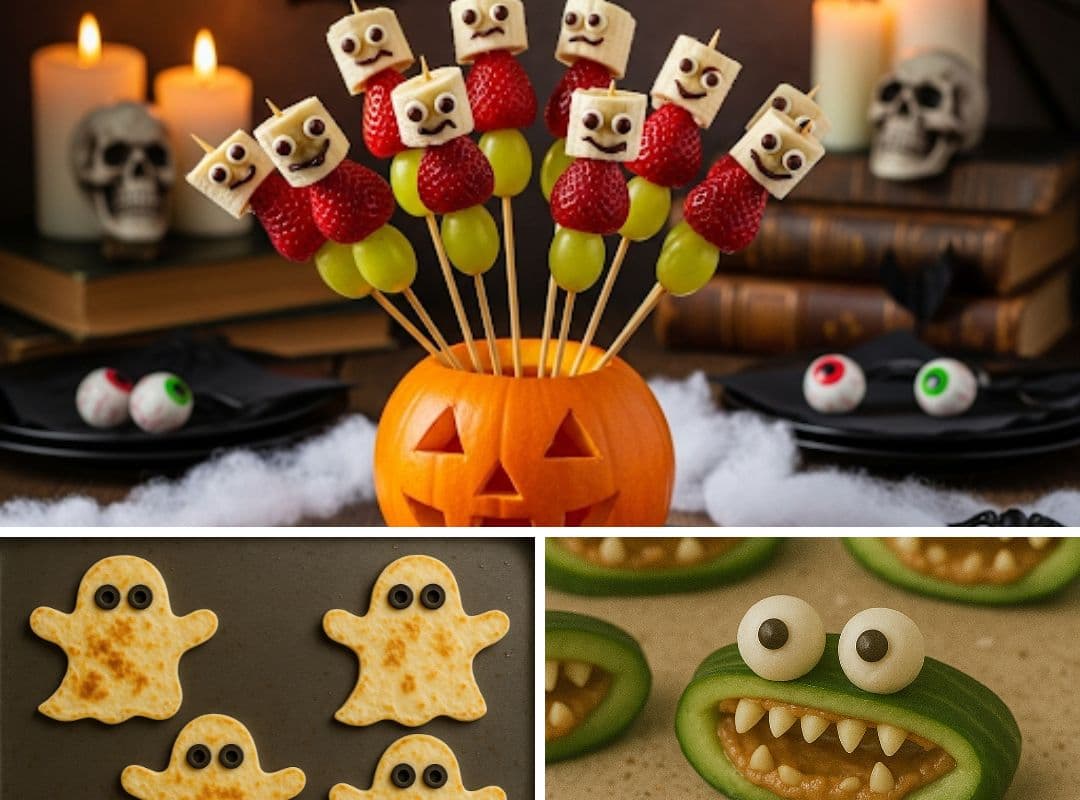 Collage mit drei gesunden Halloween Snacks ohne Zucker: Obstspieße mit Bananen-Gesichtern, kleine Geister-Tortillas und Gurken-Monster mit Nussmus. Einfache, kinderfreundliche Halloween Snacks für jede Party, schnell zubereitet und mit Obst und Gemüse.