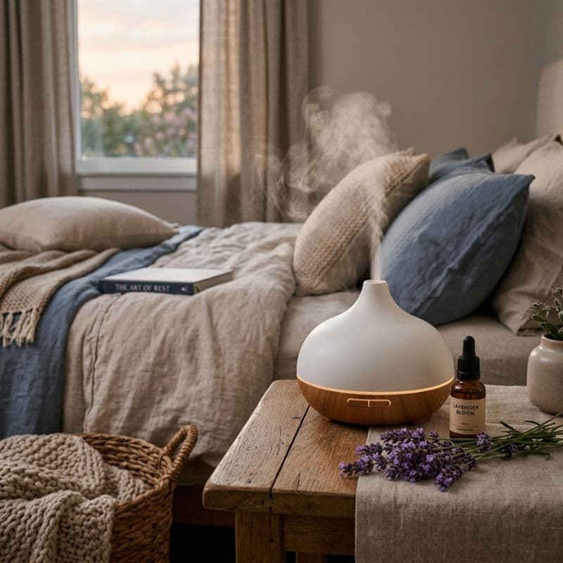 Ein eleganter Aroma-Diffuser vernebelt entspannende Düfte auf einem Holztisch neben dem Bett im Schlafzimmer.