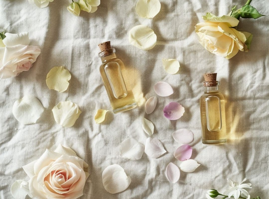 Flachgelegte Szene mit ätherischen Ölen in Glasfläschchen, Rosenblüten und Blütenblättern auf hellem Stoff.