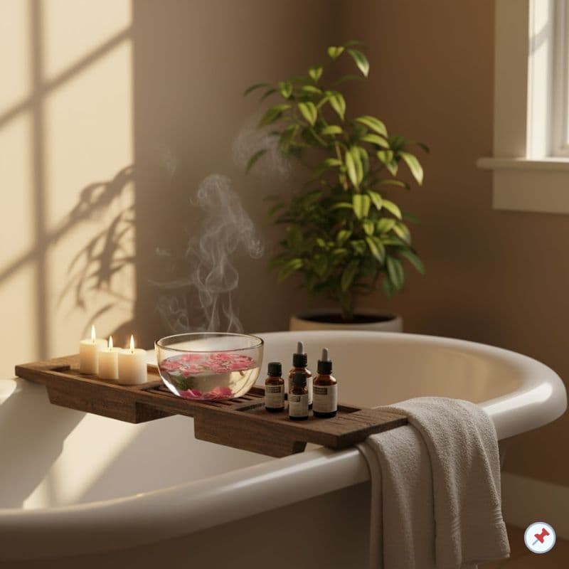Dampfendes Entspannungsbad mit ätherischen Ölen, Rosenblüten und Kerzen im warmen Licht – Symbol für Ruhe, Selbstfürsorge und hormonelle Balance in den Wechseljahren.