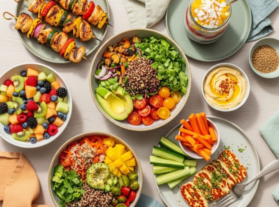 Auswahl von Sommergerichten mit Gemüse, Bowls, Spießen und Obstsalat.