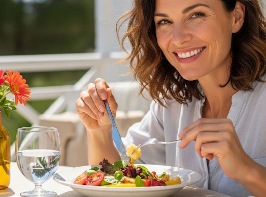 Frau genießt einen Salat mit Tomaten und Blattsalat an einem hellen Tisch.