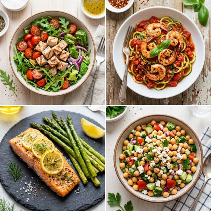 Collage mit Zucchini-Nudeln, Sommersalat, Kichererbsensalat und Ofenlachs.
