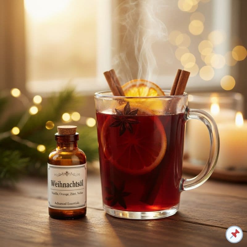Glas mit heißem, zuckerfreiem Weihnachts-Punsch, dekoriert mit Orangenscheiben, Zimtstangen und Sternanis. Daneben steht eine Flasche Weihnachtsöl mit Vanille, Orange, Zimt und Nelke von Advanced Essentials – festliche, natürliche Weihnachtsstimmung mit Kerzenschein.