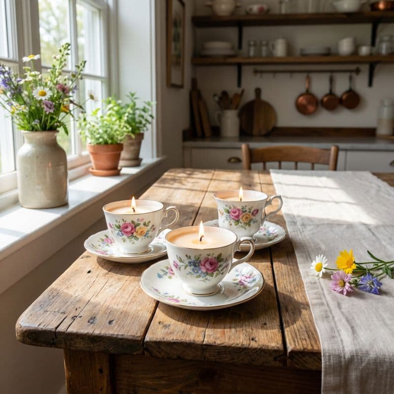 Fertige Tassenkerzen aus Vintage-Porzellan mit Blumenmuster und Goldrand brennen auf einem Holztisch in einer hellen Landhausküche