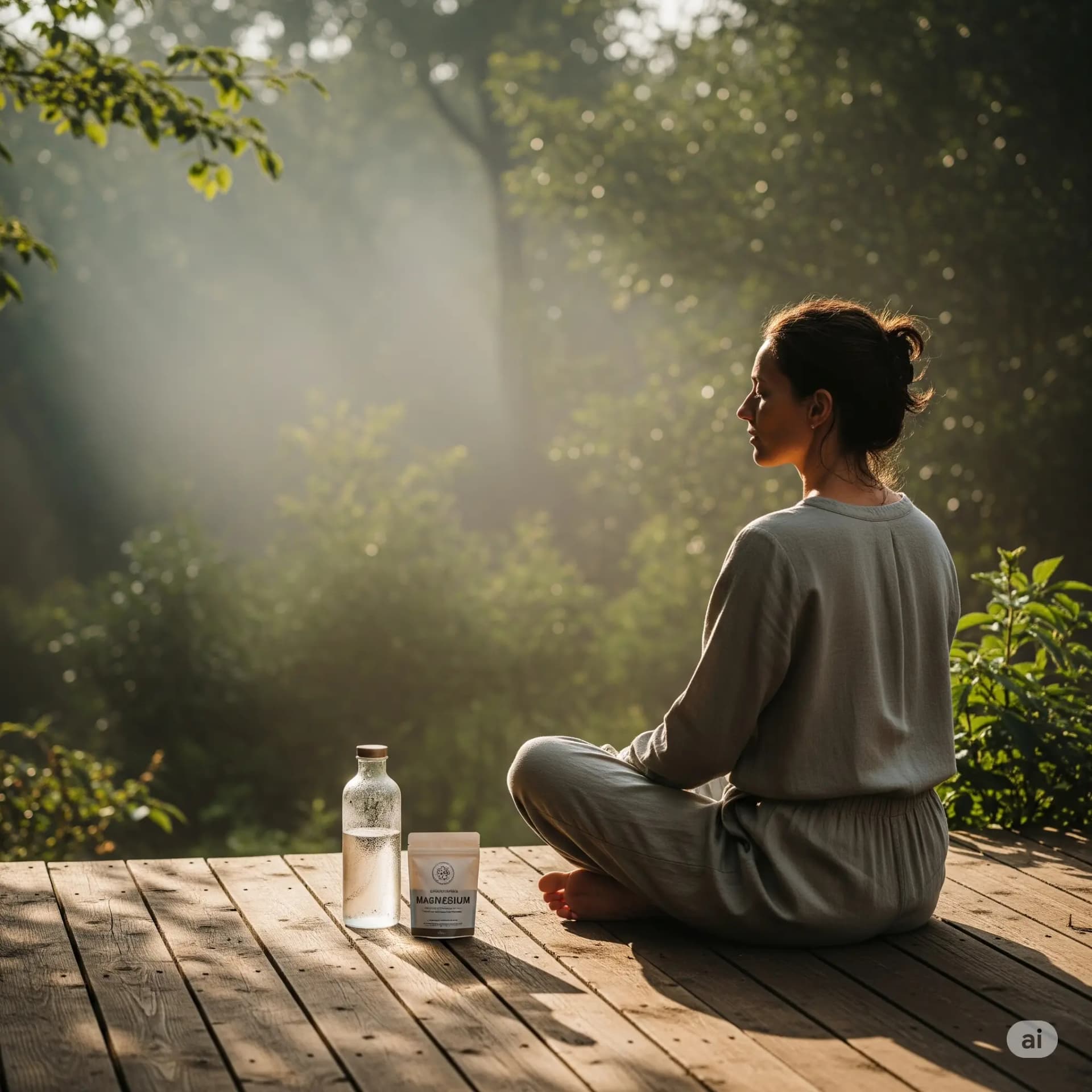 Frau sitzt im Yogasitz auf einem Holzdeck im Morgenlicht; neben ihr stehen eine Wasserflasche und ein Magnesiumpräparat.