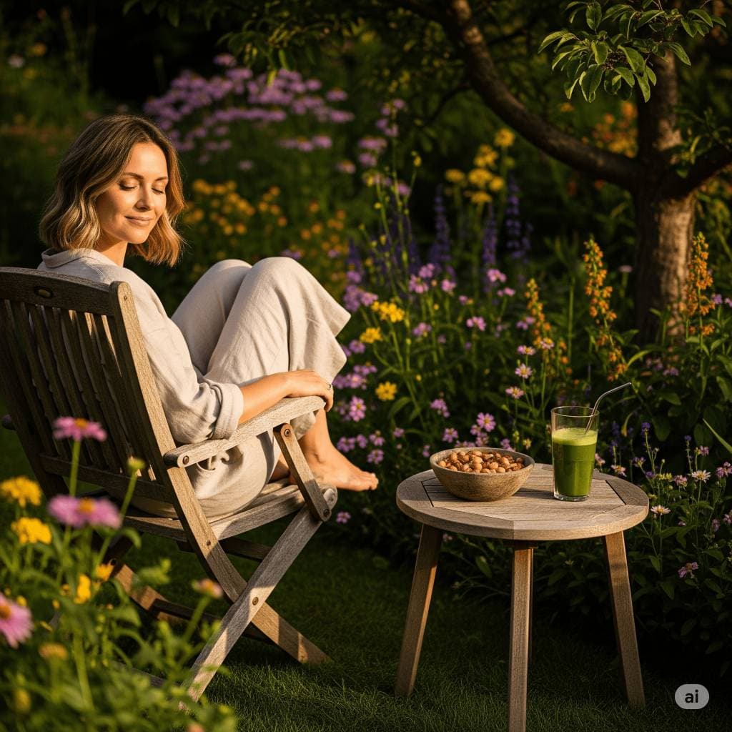 Frau sitzt im Garten mit einer Schale Nüsse und einem grünen Smoothie.