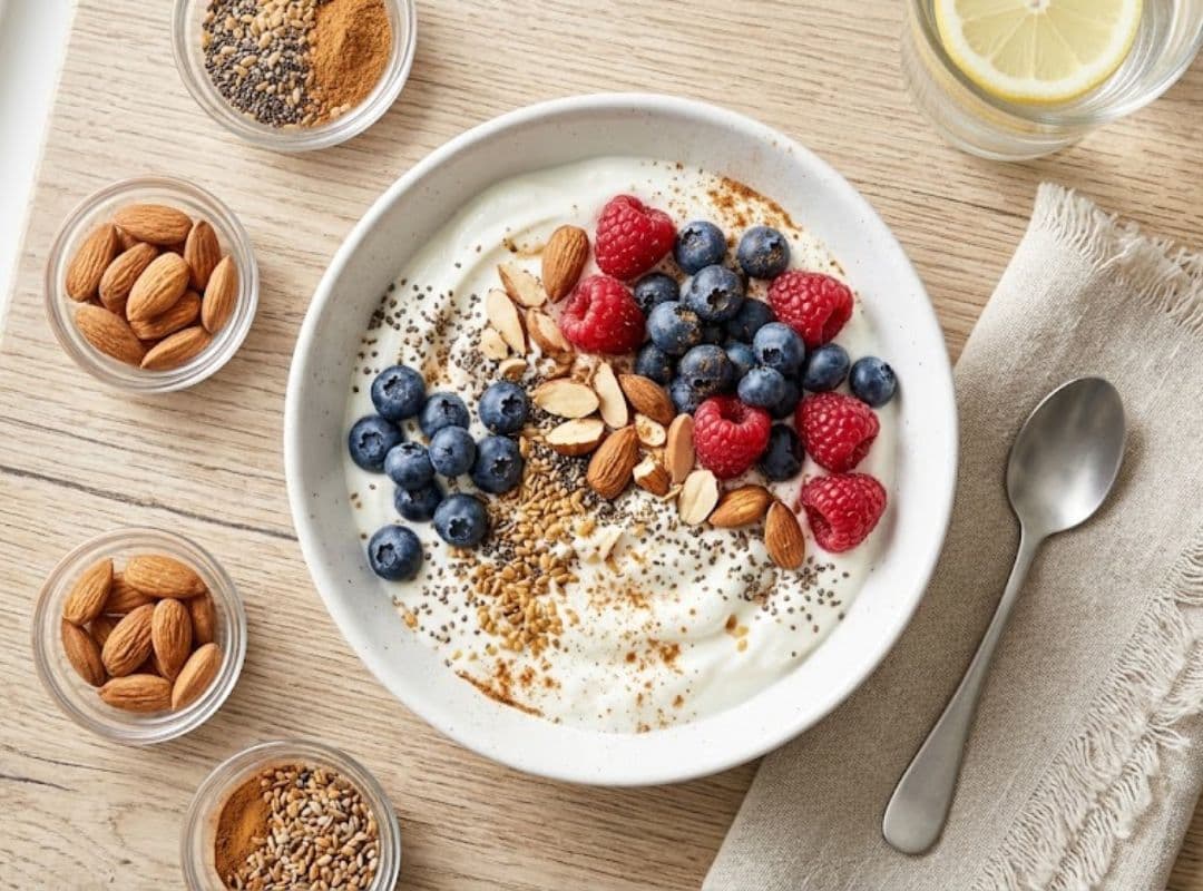 Proteinreiches Frühstück mit griechischem Joghurt, Mandeln, Beeren und Samen für Frauen in den Wechseljahren