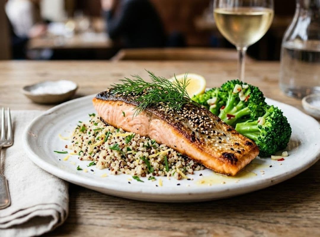 Lachsfilet mit Brokkoli und Quinoa – proteinreiches Abendessen mit Omega-3 für Frauen ab 40