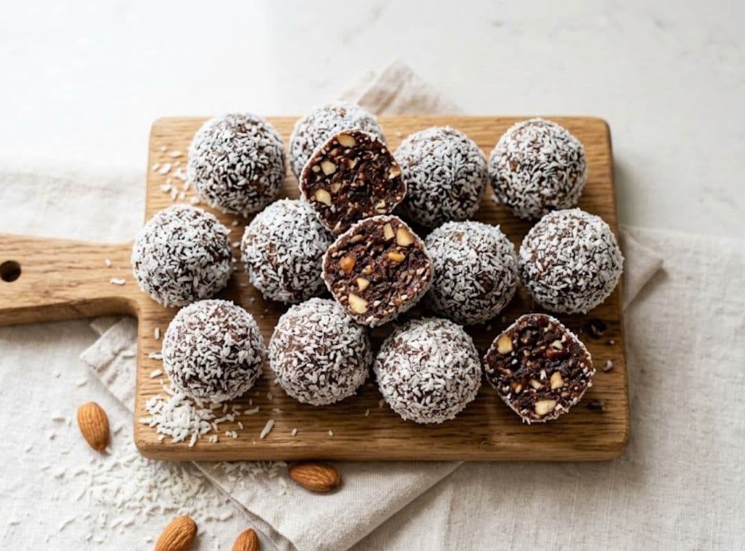 Gesunde Energy Balls aus Mandeln, Datteln und Kakao – proteinreicher Snack für die Wechseljahre