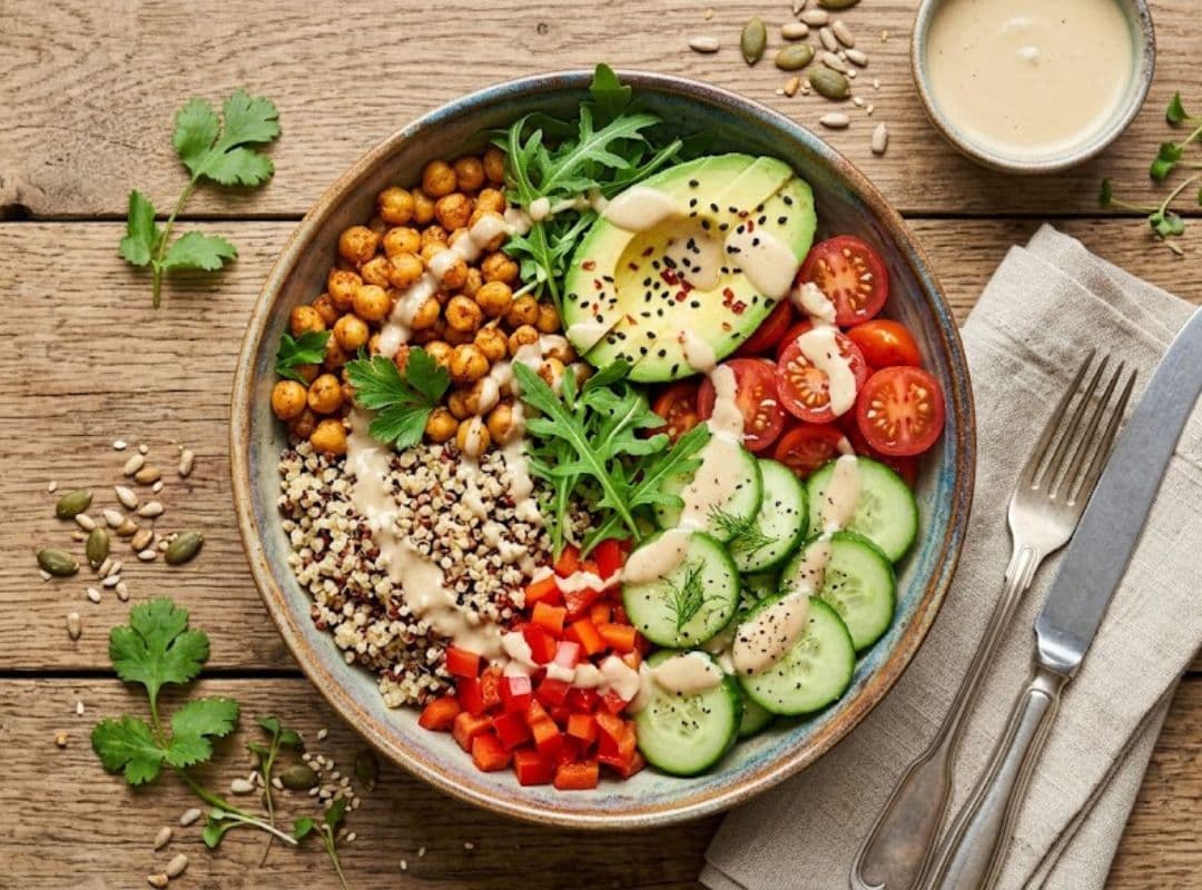 Proteinreiche Buddha Bowl mit Kichererbsen, Quinoa, Avocado und buntem Gemüse gegen Bauchfett in den Wechseljahren
