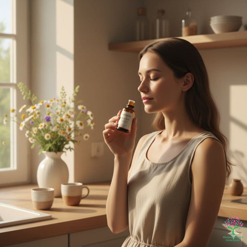 Junge Frau riecht mit geschlossenen Augen an einem Fläschchen ätherisches Öl in einer hellen, natürlichen Küche – Symbolbild für Aromatherapie und mentale Gesundheit.