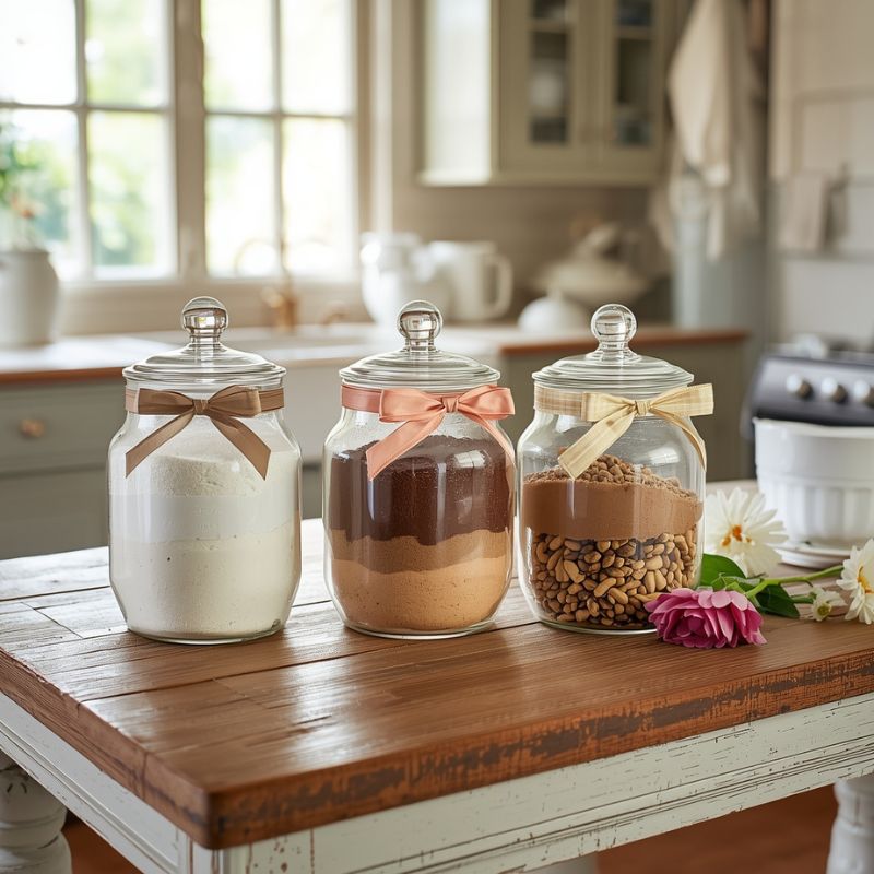 Auf diesem Bild siehst du drei dekorative Backmischungen im Glas, liebevoll geschichtet mit Mehl, Kakao, Nüssen und Zucker. Die Gläser sind mit Schleifen verziert und stehen auf einem rustikalen Holztisch in einer hellen Landhausküche – eine perfekte DIY-Geschenkidee.