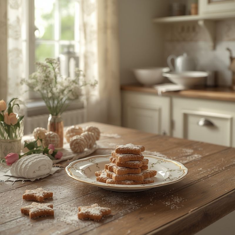 Auf diesem Bild siehst du einen alten Holztisch in einer hellen Landhausküche, darauf ein edler Teller mit Zimtsternen, die mit Puderzucker bestäubt sind. Blumen und feminine Dekoration sorgen für eine gemütliche Atmosphäre.