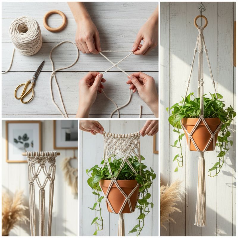 Makramee-Blumenampel selber machen: einfache Anleitung vom Garn bis zum fertigen Pflanzenhänger im Boho-Stil. DIY Makramee-Blumenampel Schritt-für-Schritt – Materialien, Knoten-Technik und fertiger Pflanzenhänger mit Blumentopf.