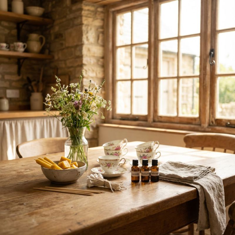Vintage Tassen und Kerzenwachs auf einem Holztisch in einer hellen Landhausküche – Vorbereitung zum Kerzen selber machen mit ätherischen Ölen