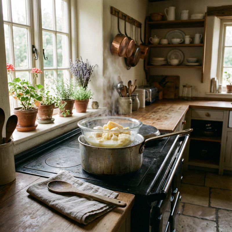 Kerzenwachs schmilzt im Wasserbad auf dem Herd in einer hellen Landhausküche – Vorbereitung zum Kerzen selber machen aus alten Tassen