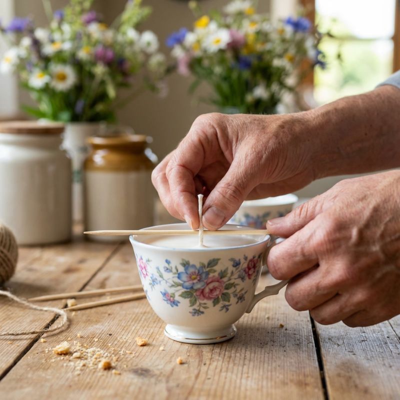 Docht wird mit einem Holzspieß in einer Vintage-Tasse zentriert – Kerze aus alten Tassen selber machen mit natürlichen Materialien
