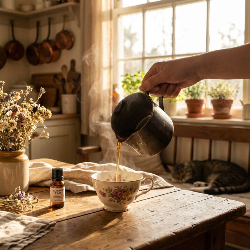 Flüssiges Kerzenwachs wird in eine Vintage-Tasse gegossen – Kerze aus alten Tassen selber machen in einer hellen Landhausküche