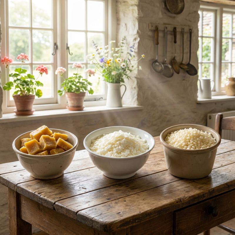 Verschiedene Wachssorten für Kerzen auf einem Holztisch in einer hellen Landhausküche – Bienenwachs, Sojawachs und Rapswachs nebeneinander