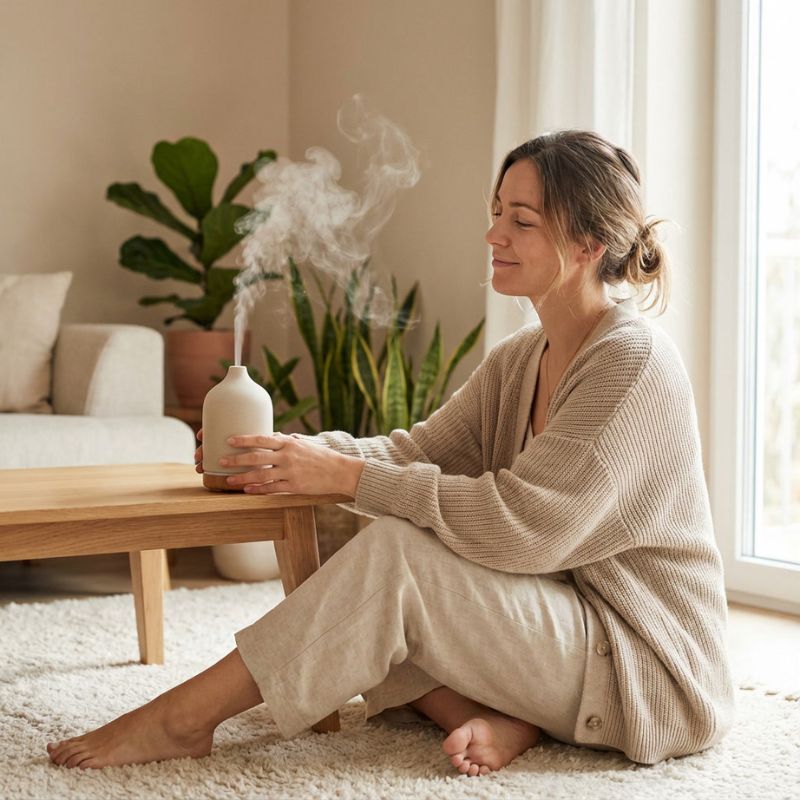 Ätherische Öle als Teil bewusster Duft-Rituale im Alltag Flatlay mit mehreren Fläschchen ätherischer Öle, grünen Zweigen und Kräutern auf hellem Holztisch, daneben ein aufgeschlagenes Buch und ein Leinentuch