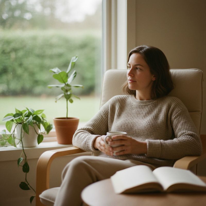 Ein ruhiger Moment zwischendurch – einfach kurz innehalten Frau sitzt entspannt am Fenster in einem Sessel, hält eine Tasse in den Händen und blickt nach draußen, Pflanzen und Tageslicht sorgen für eine ruhige Atmosphäre