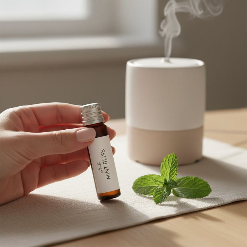 Einfacher Duftmoment für eine bewusste Pause im Alltag Hand hält ein kleines Fläschchen Minzöl, daneben liegen frische Minzblätter und im Hintergrund steht ein diffuser Diffuser auf einem Tisch im Tageslicht