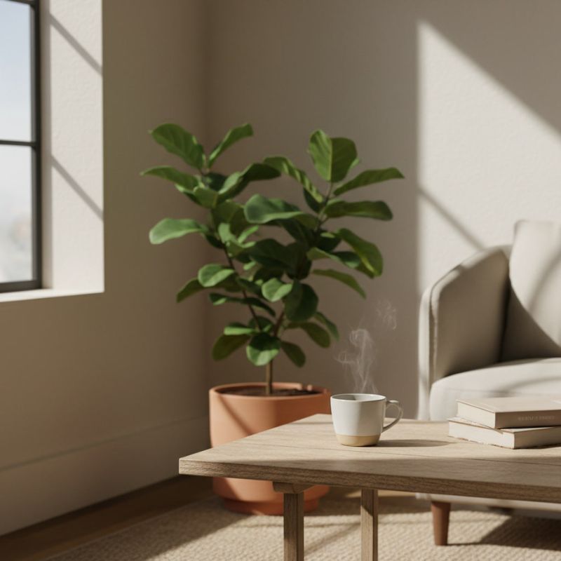 Ein stiller Moment, bevor der Alltag weitergeht Tasse Tee auf einem Holztisch am Fenster, daneben eine grüne Zimmerpflanze, warmes Tageslicht fällt in einen ruhigen Wohnraum