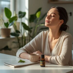 Fühlst du dich manchmal, als würde dein Kopf gleich explodieren? Frau sitzt am Küchentisch, hält mit geschlossenen Augen einen ruhigen Pausenmoment ein, vor ihr eine Tasse Kaffee, ein Notizbuch und ein kleines Fläschchen Minzöl, Tageslicht und Pflanzen im Hintergrund