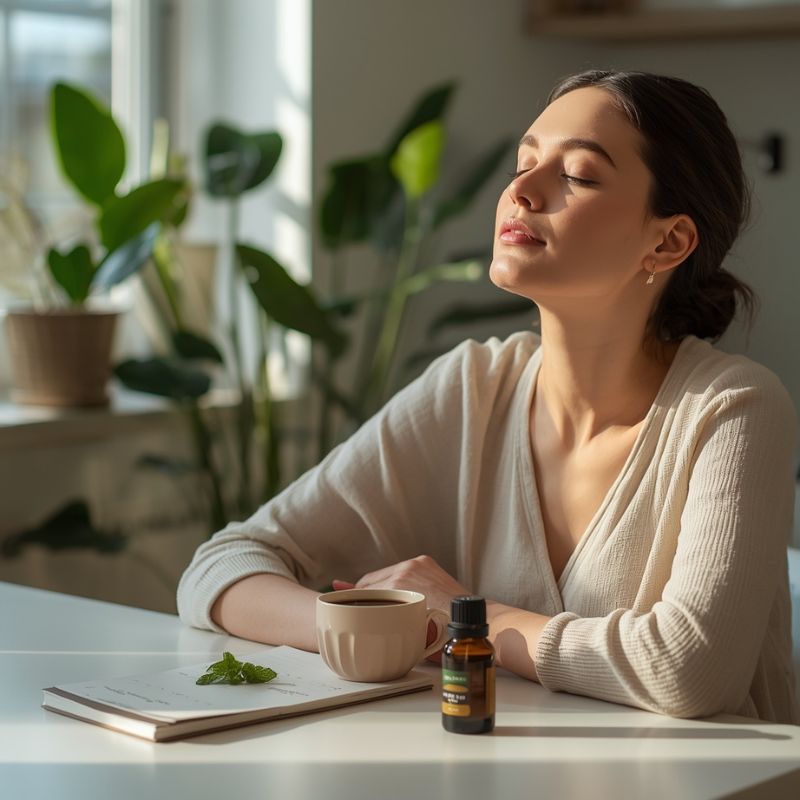 Frau sitzt am Küchentisch, hält mit geschlossenen Augen einen ruhigen Pausenmoment ein, vor ihr eine Tasse Kaffee, ein Notizbuch und ein kleines Fläschchen Minzöl, Tageslicht und Pflanzen im Hintergrund
