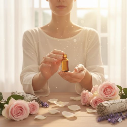 Aromatherapie – die sanfte Kraft der ätherischen Öle für Körper, Geist und Seele. Eine Frau hält eine braune Flasche mit ätherischem Öl in den Händen, umgeben von Rosen, Lavendel und Salbei – Symbolbild für natürliche Aromatherapie und ätherische Öle im Alltag.