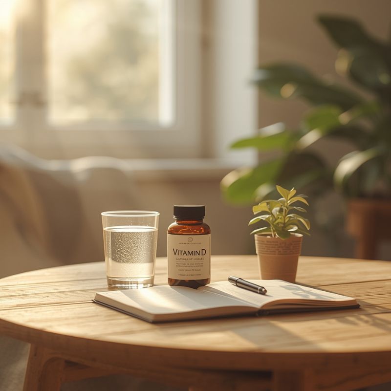 Auf einem sonnendurchfluteten Holztisch stehen ein Glas Wasser, ein neutrales Vitamin-D-Fläschchen, ein geöffnetes Notizbuch und eine kleine Zimmerpflanze – eine ruhige Morgenstimmung als Symbol für Vitamin D, Sonnenlicht und natürliche Energie.