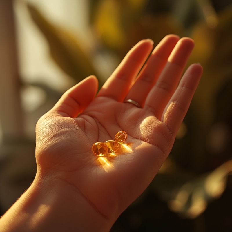 Hand hält Vitamin-D-Kapseln im warmen Sonnenlicht – Symbol für natürliche Vitamin-D-Versorgung, Sonnenvitamin und Tageslicht