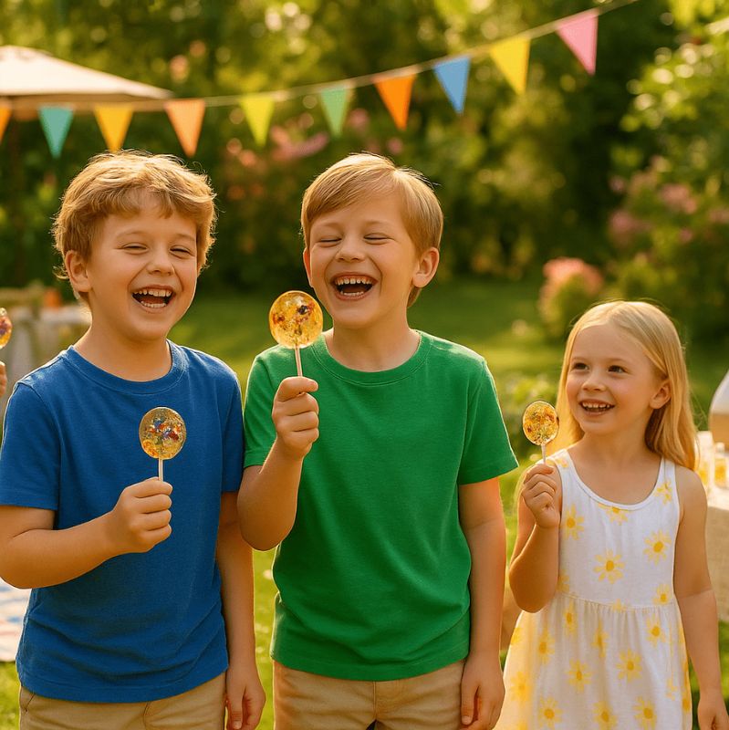 Drei lachende Kinder halten selbstgemachte, gläsern glänzende Lutscher mit Blüten im Garten in den Händen – sonniger Nachmittag mit bunter Wimpelkette im Hintergrund.