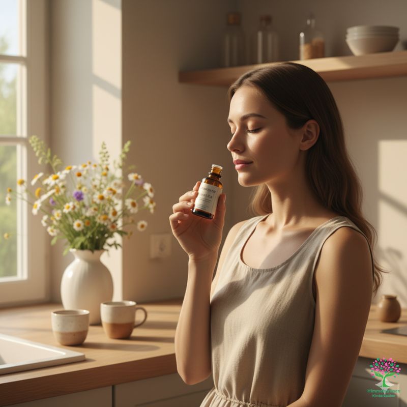 Junge Frau riecht mit geschlossenen Augen an einem Fläschchen ätherisches Öl in einer hellen, natürlichen Küche – Symbolbild für Aromatherapie und mentale Gesundheit.