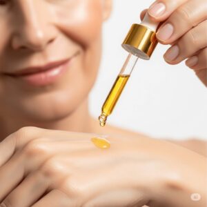 Frau tropft mit einer Pipette Vitamin E-Öl auf ihren Handrücken – Nahaufnahme der Hautpflegeanwendung.