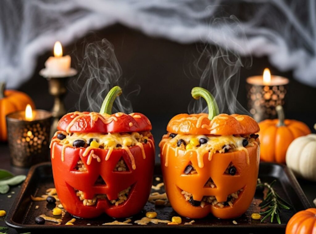 Auf diesem Bild siehst du gefüllte Paprika im Halloween-Kürbis-Look, die mit Reis, Gemüse, Mais und Käse zubereitet wurden. Ein gesunder, zuckerfreier und kreativer Snack für eine Halloween-Party.